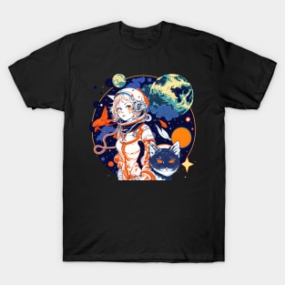 Cat & Girl in Space Fantastic Retro Cat Lover T-Shirt